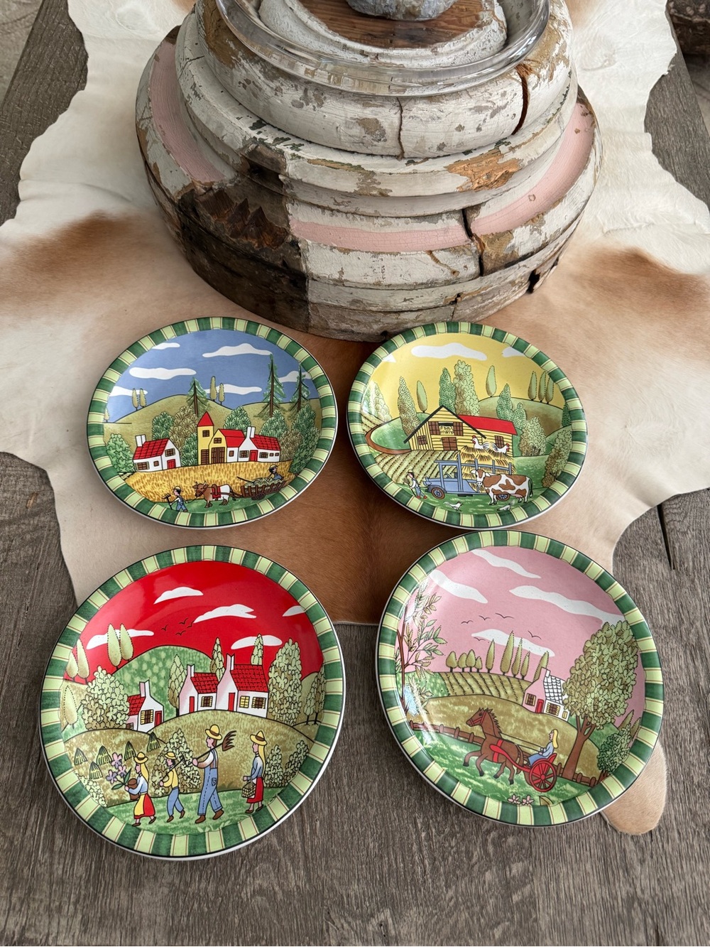 Set of 4 Primitive Country Scenes Plates Farmhouse Cows Chickens Horses 8”